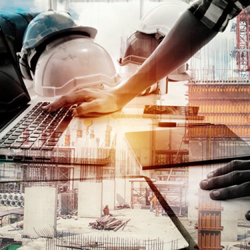 软件应用_22 Double exposure architect working with laptop and blueprints in workplace for architectural plan,selective focus,Business concept