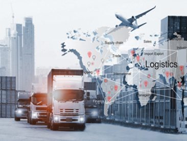 image of the logistics, there are container truck,  airplane for import export industry